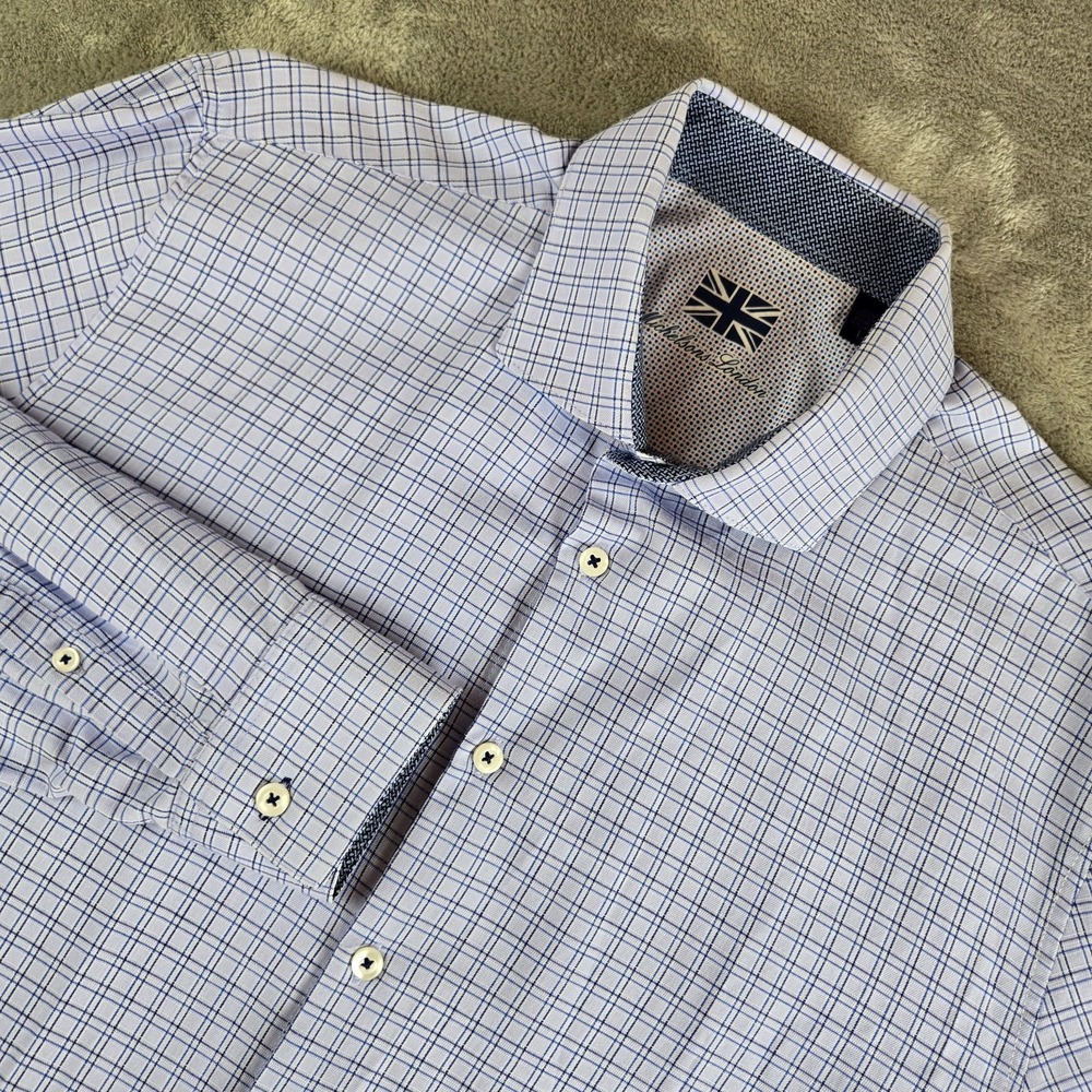 Michelsons London Short Mens Large Blue Checkered Long Sleeve Flip Cuff Career